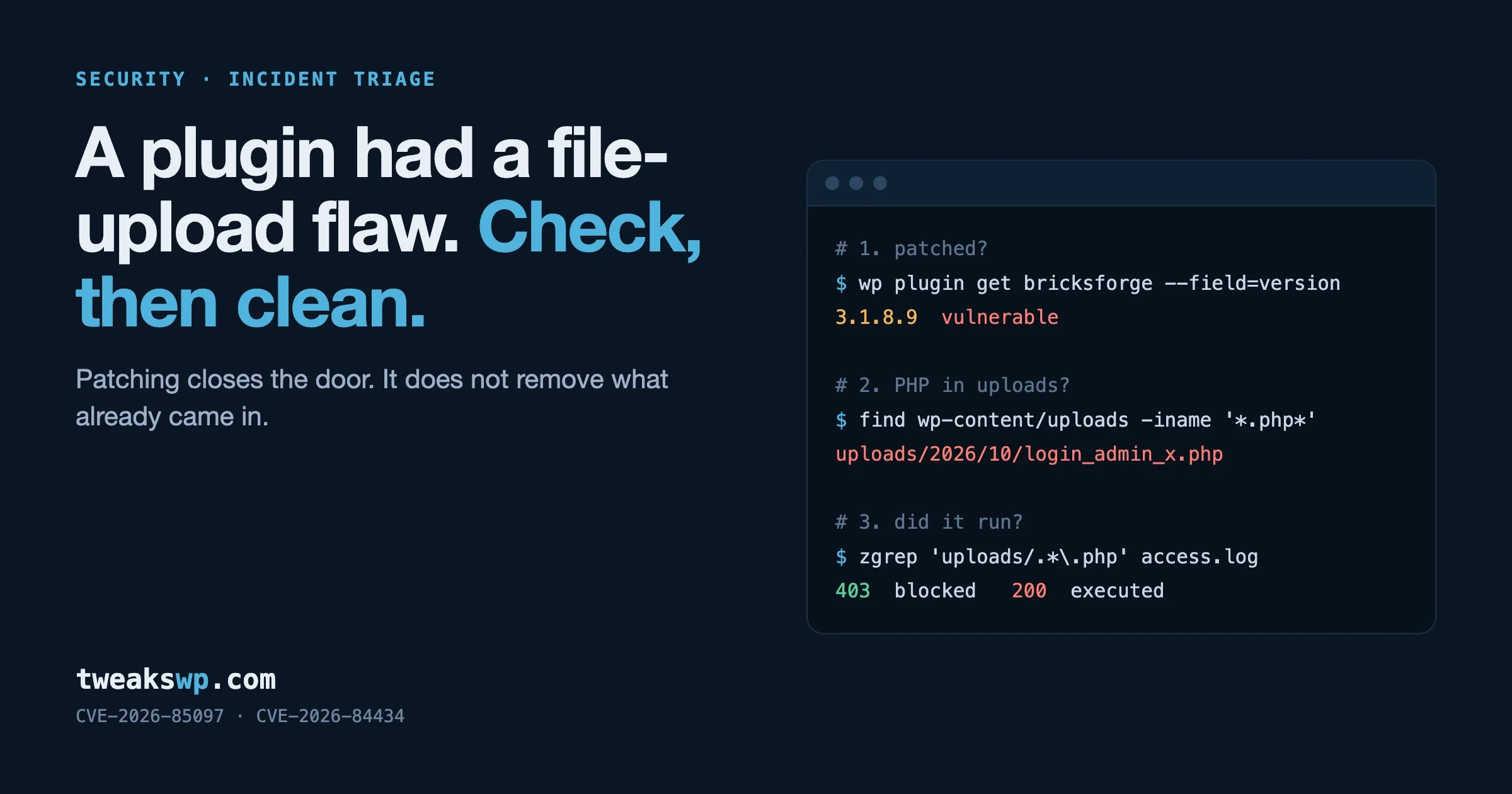 Terminal showing the three checks after a plugin file-upload flaw: is the version patched, is there PHP in uploads, and did the server run it